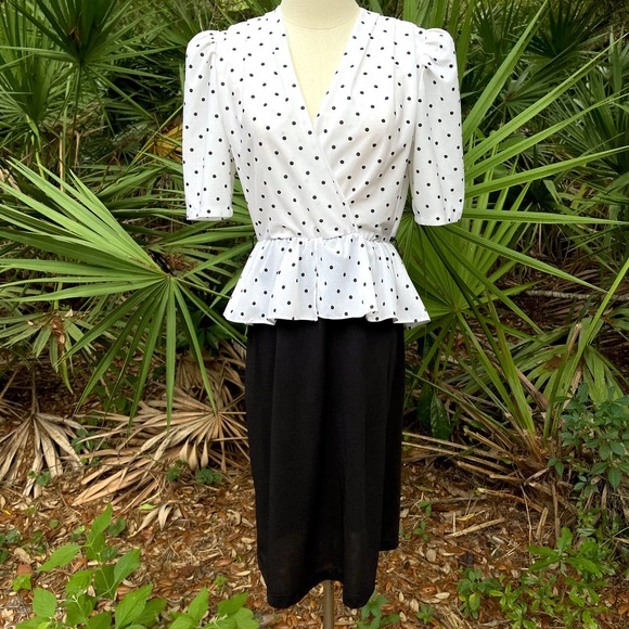 Vintage Dresses & Skirts - Vintage 80s Polka Dot Midi Peplum Dress Black White Puff Sleeve Sally Lou Size 8